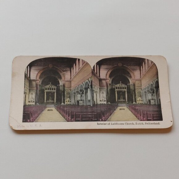 Antique Stereograph Card Interior of Liebfrauenkirche Church, Zurich Switzerland - Picture 1 of 3